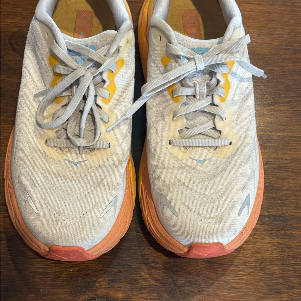 HOKA Stylish Gray and Orange Athletic Shoes 8.5 B Good Used Condition